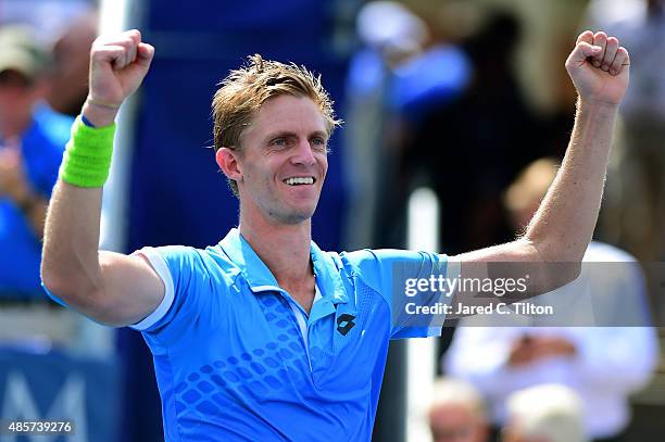 Kevin Anderson of South Africa celebrates after defeating Pierre-Hugues Herbert of France during the men's final match of the Winston-Salem Open at...