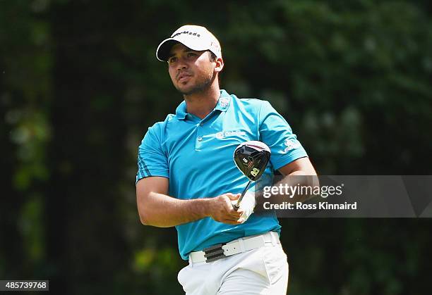 Jason Day of Australia watches his tee shot on the fifth hole during the third round of The Barclays at Plainfield Country Club on August 29, 2015 in...