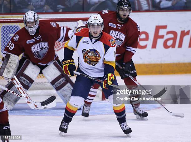 Brendan Gaunce of the Erie Otters waits to tip a shot against the Guelph Storm in Game Two of the OHL Western Conference Final at the Sleeman Centre...