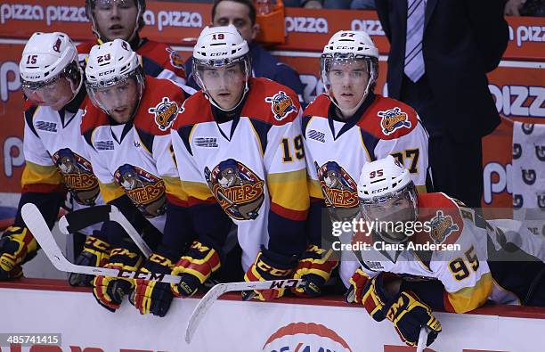 The Erie Otters bench watches the play against the Guelph Storm in Game Two of the OHL Western Conference Final at the Sleeman Centre on April 18,...