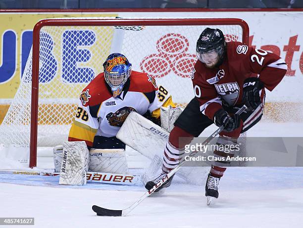 Oscar Dansk of the Erie Otters watches for a shot from Justin Auger of the Guelph Storm in Game Two of the OHL Western Conference Final at the...