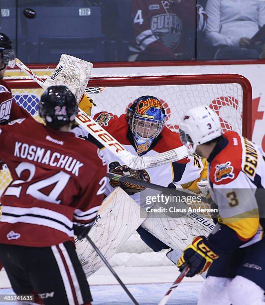 Oscar Dansk of the Erie Otters stops a shot against the Guelph Storm in Game Two of the OHL Western Conference Final at the Sleeman Centre on April...