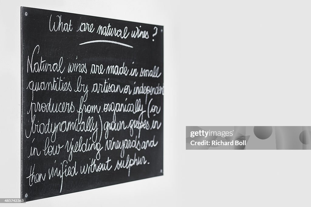 Blackboard with a description of natural wines