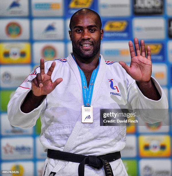 Teddy Riner of France, who has become an extraordinary legend at just 26, celebrates winning his eighth World title during the 2015 Astana World Judo...