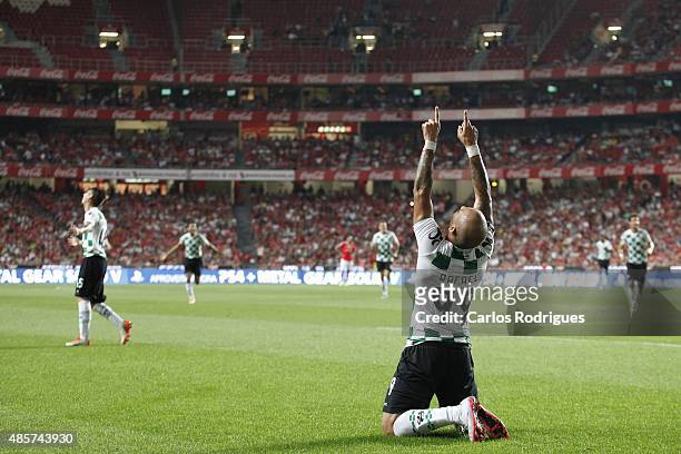 Moreirense's forward Rafael celebrates scoring Moreirense's first goal during the match between SL Benfica and Moreirense FC at Estadio da Luz on...