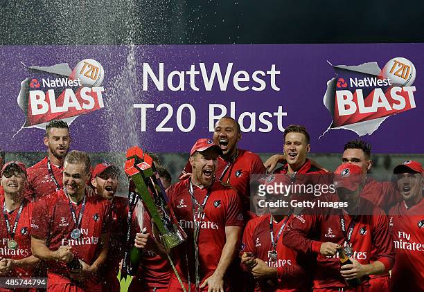 The victorious Lancashire team with the trophy after they beat Northamptonshire in the NatWest T20 Blast Final at Edgbaston on August 29, 2015 in...