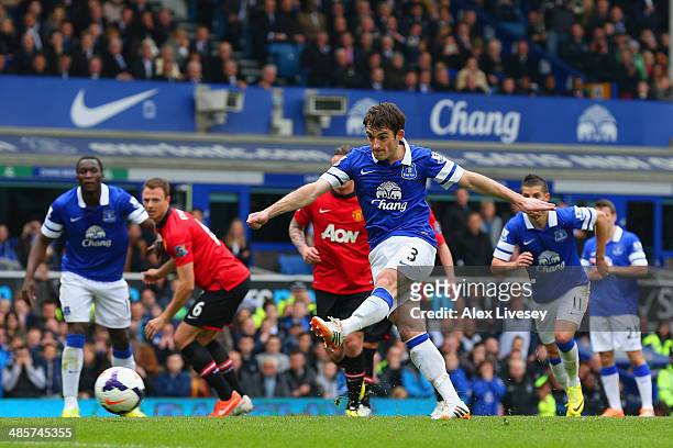 Leighton Baines of Everton scores the opening goal from the penalty spot during the Barclays Premier League match between Everton and Manchester...