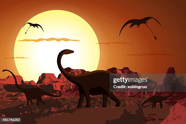 ilustraciones, imágenes clip art, dibujos animados e iconos de stock de los dinosaurios en el período jurásico - volcanic landscape