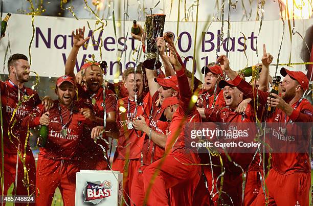 Lancashire celebrate winning the NatWest T20 Blast Final between Lancashire Lighting and Northamptonshire Steelbacks at Edgbaston on August 29, 2015...