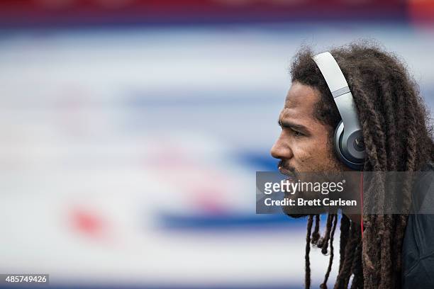 Marcus Ball of the Carolina Panthers warms up before the game against the Buffalo Bills on August 14, 2015 during a preseason game at Ralph Wilson...