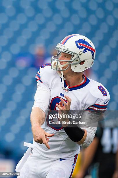 Matt Simms of the Buffalo Bills warms up before the game against the Carolina Panthers on August 14, 2015 during a preseason game at Ralph Wilson...
