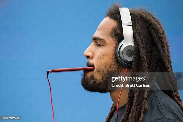 Marcus Ball of the Carolina Panthers warms up before the game against the Buffalo Bills on August 14, 2015 during a preseason game at Ralph Wilson...