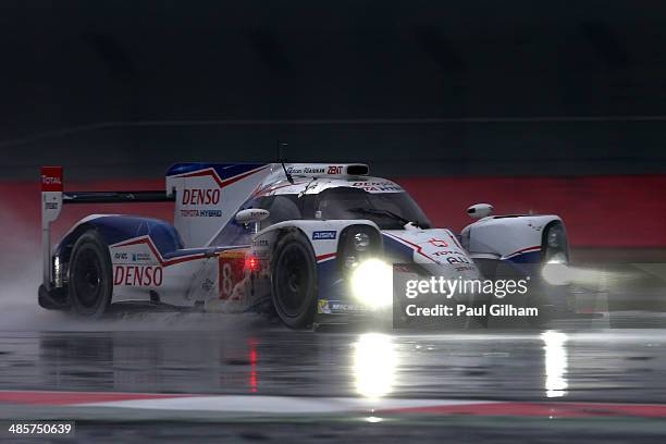 The Toyota Racing TS040 Hybrid LMP1 driven by Sebastien Buemi of Switzerland, Nicolas Lapierre of France and Anthony Davidson of Great Britain during...