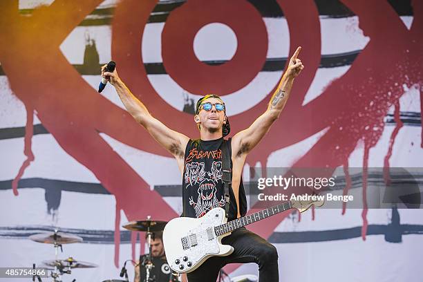 Alex Gaskarth of All Time Low performs on the main stage at Leeds Festival at Bramham Park on August 29, 2015 in Leeds, England.