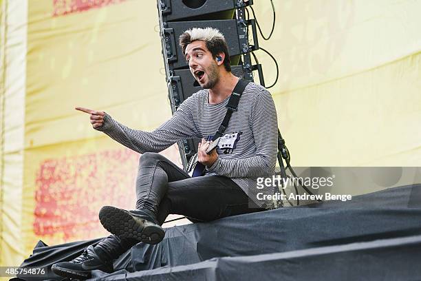 Jack Barakat of All Time Low performs on the main stage at Leeds Festival at Bramham Park on August 29, 2015 in Leeds, England.