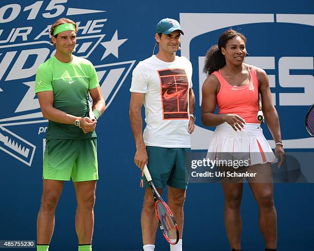 Rafael Nadal, Roger Federer and Serena Williams attend Arthur Ashe Kids Day 2015 at the US Open at USTA Billie Jean King National Tennis Center on...