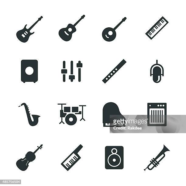 ilustraciones, imágenes clip art, dibujos animados e iconos de stock de equipo musical silueta de iconos - guitarrista