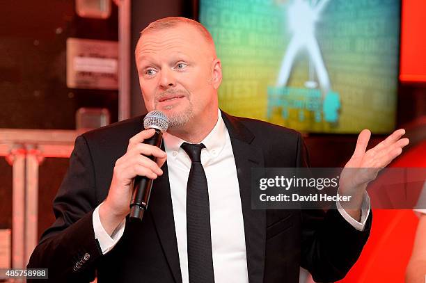 Entertainer Stefan Raab after the Bundesvision Song Contest 2015 at OVB-Arena on August 29, 2015 in Bremen, Germany. On the left Entertainer Stefan...