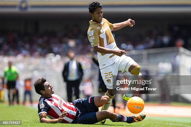 Daniel Ramirez of Pumas fights for the ball with Patricio Araujo of Chivas during a match between Pumas UNAM and Chivas as part of the 16th round...