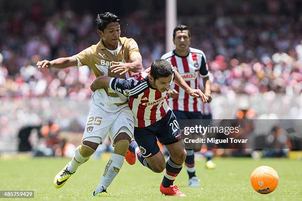 Daniel Ramirez of Pumas fights for the ball with Israel Castro of Chivas during a match between Pumas UNAM and Chivas as part of the 16th round...