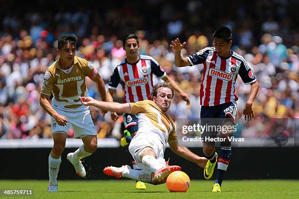 David Ramirez of Chivas struggles for the ball with Martin Romagnoli of Pumas during a match between Pumas UNAM and Chivas as part of the 16th round...