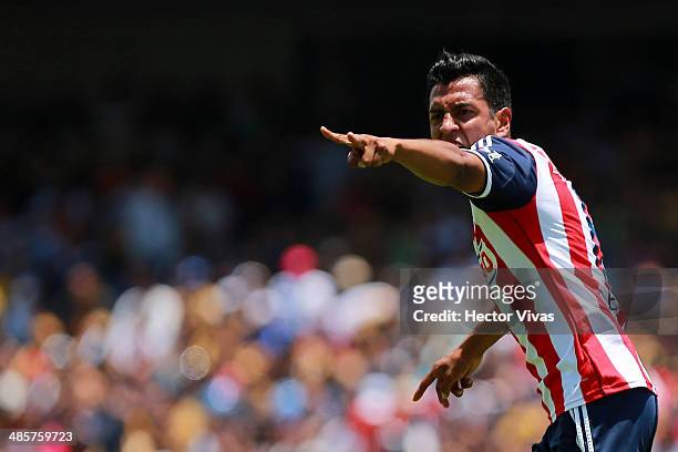 Omar Esparza of Chivas reacts during a match between Pumas UNAM and Chivas as part of the 16th round Clausura 2014 Liga MX at University Olympic...