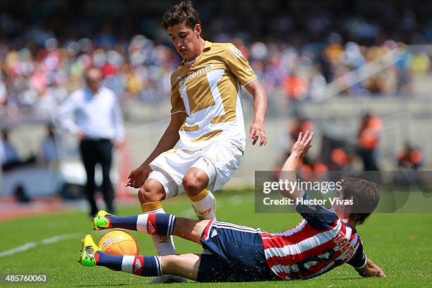 Carlos Fierro of Chivas struggles for the ball with Jose Carlos Van Rankin of Pumas during a match between Pumas UNAM and Chivas as part of the 16th...