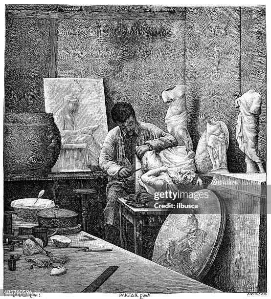 antique illustration of sculptor in his studio - sculptor stock illustrations