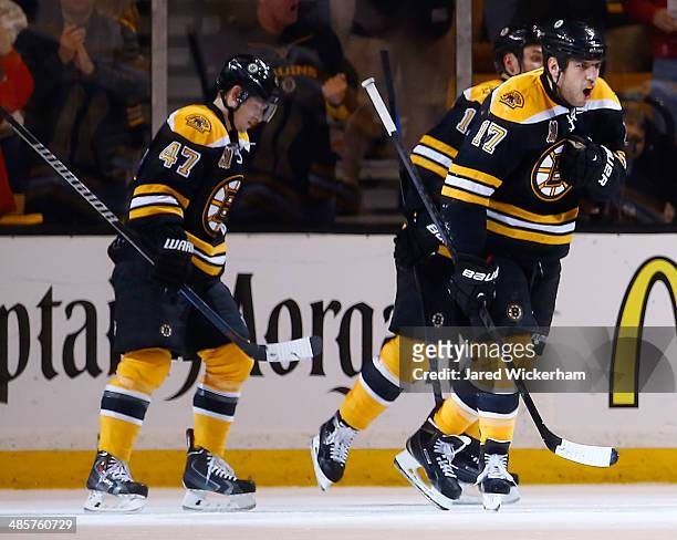 Milan Lucic of the Boston Bruins celebrates his goal in the second period against the Detroit Red Wings during the game at TD Garden on April 20,...