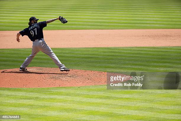 Joe Beimel of the Seattle Mariners delivers a pitch during the game against the Miami Marlins at Marlins Park on April 20, 2014 in Miami, Florida.
