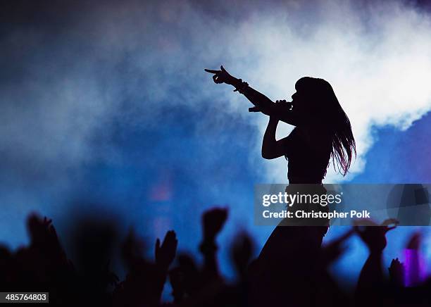 Singer Alexis Krauss of Sleigh Bells performs onstage during day 2 of the 2014 Coachella Valley Music & Arts Festival at the Empire Polo Club on...