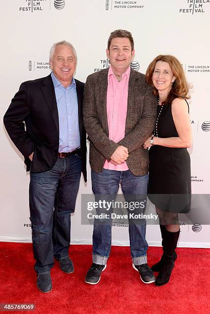 Richard Moore, Greg LeMond and Kathy LeMond attend the "Slaying The Badger" Premiere during the 2014 Tribeca Film Festival at the SVA Theater on...