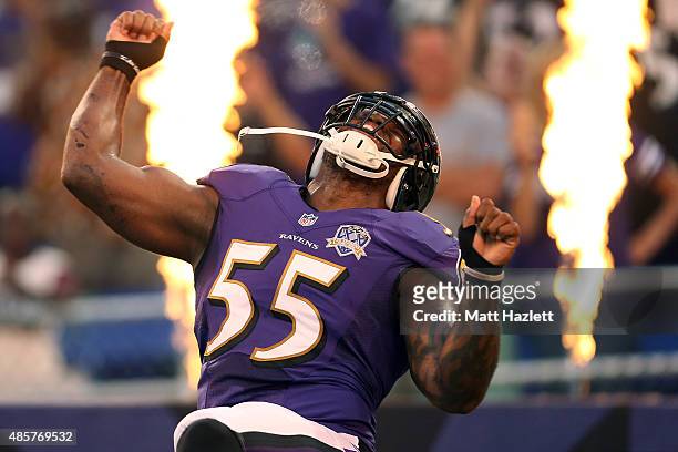Outside linebacker Terrell Suggs of the Baltimore Ravens is introduced prior to the start of a preseason game against the Washington Redskins at M&T...