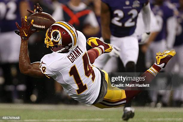 Wide receiver Ryan Grant of the Washington Redskins misses a catch in the first quarter of a preseason game against the Baltimore Ravens at M&T Bank...