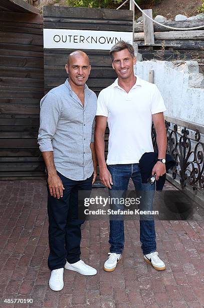 Kelly Slater and Pierre Labasque attend Kelly Slater, John Moore and Friends Celebrate the Launch of Outerknown at Private Residence on August 29,...