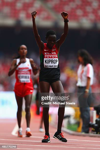 Helah Kiprop of Kenya celebrates after crossing the finish line to win silver in the Women's Marathon final during day nine of the 15th IAAF World...