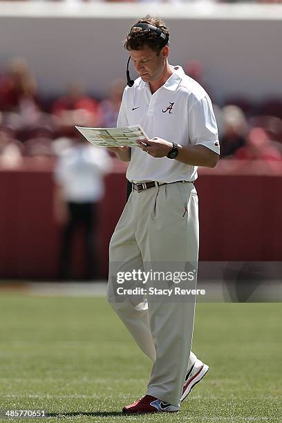 Offensive coordinator Lane Kiffin of the Alabama Crimson Tide calls plays for the Crimson team during the University of Alabama A-Day spring game at...