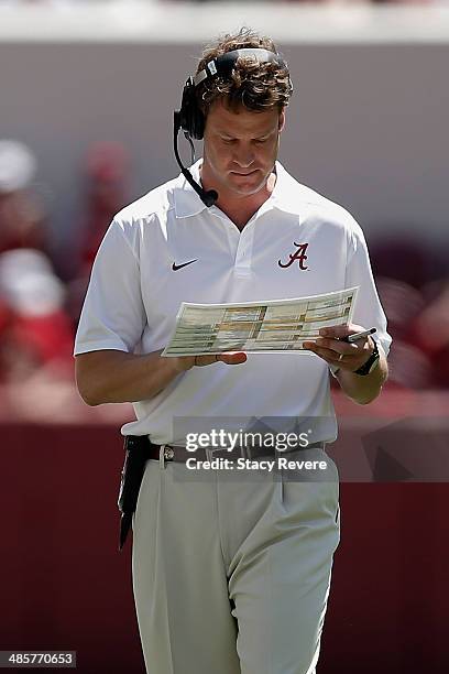 Offensive coordinator Lane Kiffin of the Alabama Crimson Tide calls plays for the Crimson team during the University of Alabama A-Day spring game at...