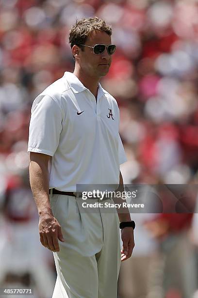 Offensive coordinator Lane Kiffin of the Alabama Crimson Tide watches action during the University of Alabama A-Day spring game at Bryant-Denny...