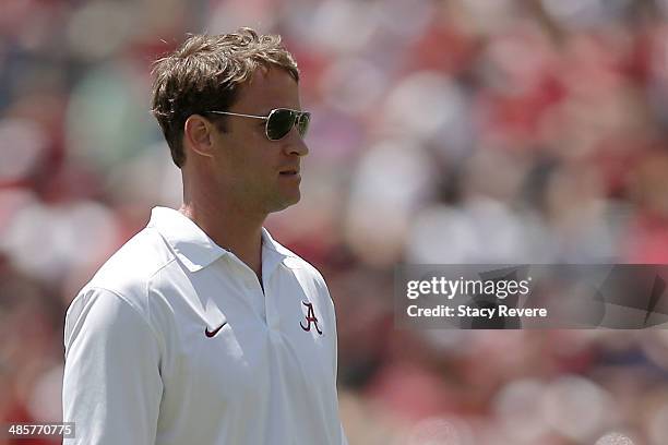 Offensive coordinator Lane Kiffin of the Alabama Crimson Tide watches action during the University of Alabama A-Day spring game at Bryant-Denny...