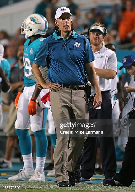 Head coach Joe Philbin of the Miami Dolphins looks on during a preseason game against the Atlanta Falcons at Sun Life Stadium on August 29, 2015 in...