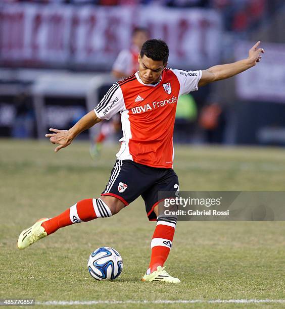 Teofilo Gutierrez of River Plate in action during a match between River Plate and Velez Sarsfield as part of 15th round of Torneo Final 2014 at...