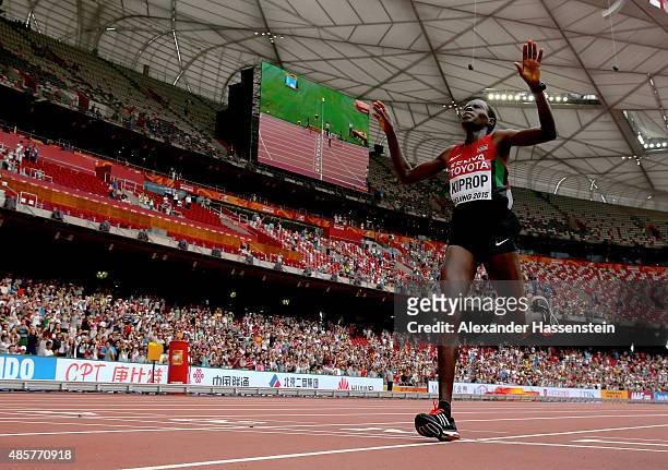 Helah Kiprop of Kenya celebrates after crossing the finish line to win silver in the Women's Marathon final during day nine of the 15th IAAF World...