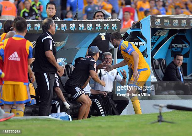 Andre-Pierre Gignac of Tigres celebrates after scoring the third goal of his team during a 7th round match between Tigres UANL and Queretaro as part...