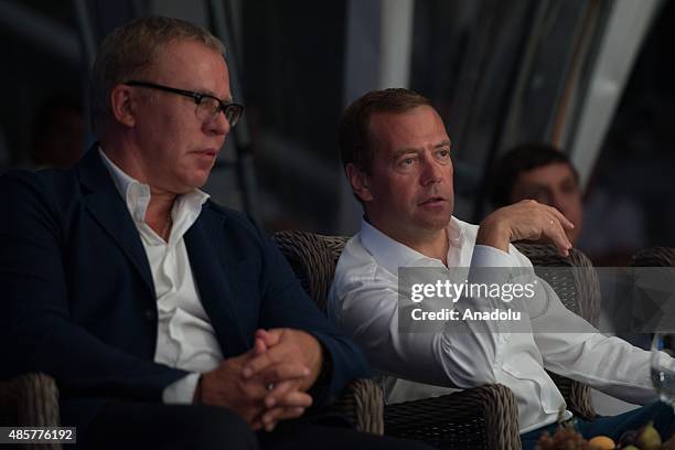 Two-time Olympic champion in ice hockey Vyacheslav Fetisov and Russia's Prime Minister Dmitry Medvedev attend the Plotforma S-70 international...