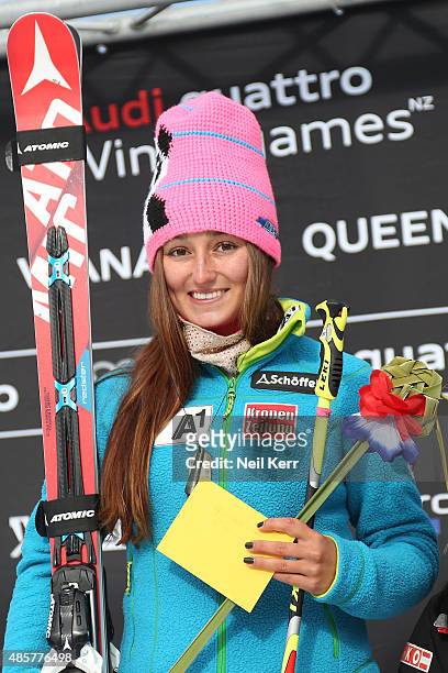 First place Chiara Mair poses following the Alpine Giant Slalom - FIS Australia New Zealand Cup during the Winter Games NZ at Coronet Peak on August...