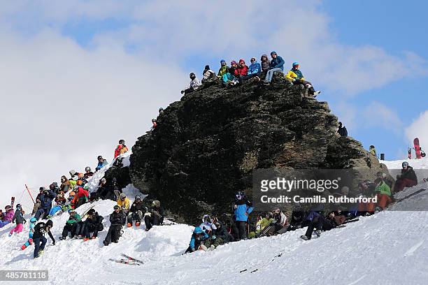 Spectators watch the action in the Snowboard & AFP Freeski Big Air Finals during the Winter Games NZ at Cardrona Alpine Resort on August 30, 2015 in...