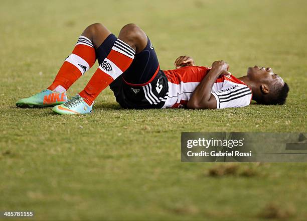 Carlos Carbonero of River Plate rests after winning the match between River Plate and Velez Sarsfield as part of 15th round of Torneo Final 2014 at...