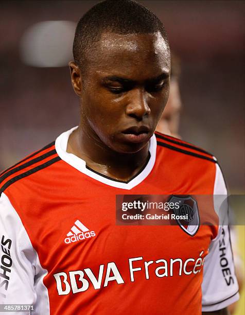 Eder Alvarez Balanta of River Plate looks on during a match between River Plate and Velez Sarsfield as part of 15th round of Torneo Final 2014 at...