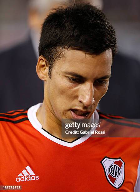 Leonel Vangioni of River Plate looks on during a match between River Plate and Velez Sarsfield as part of 15th round of Torneo Final 2014 at...